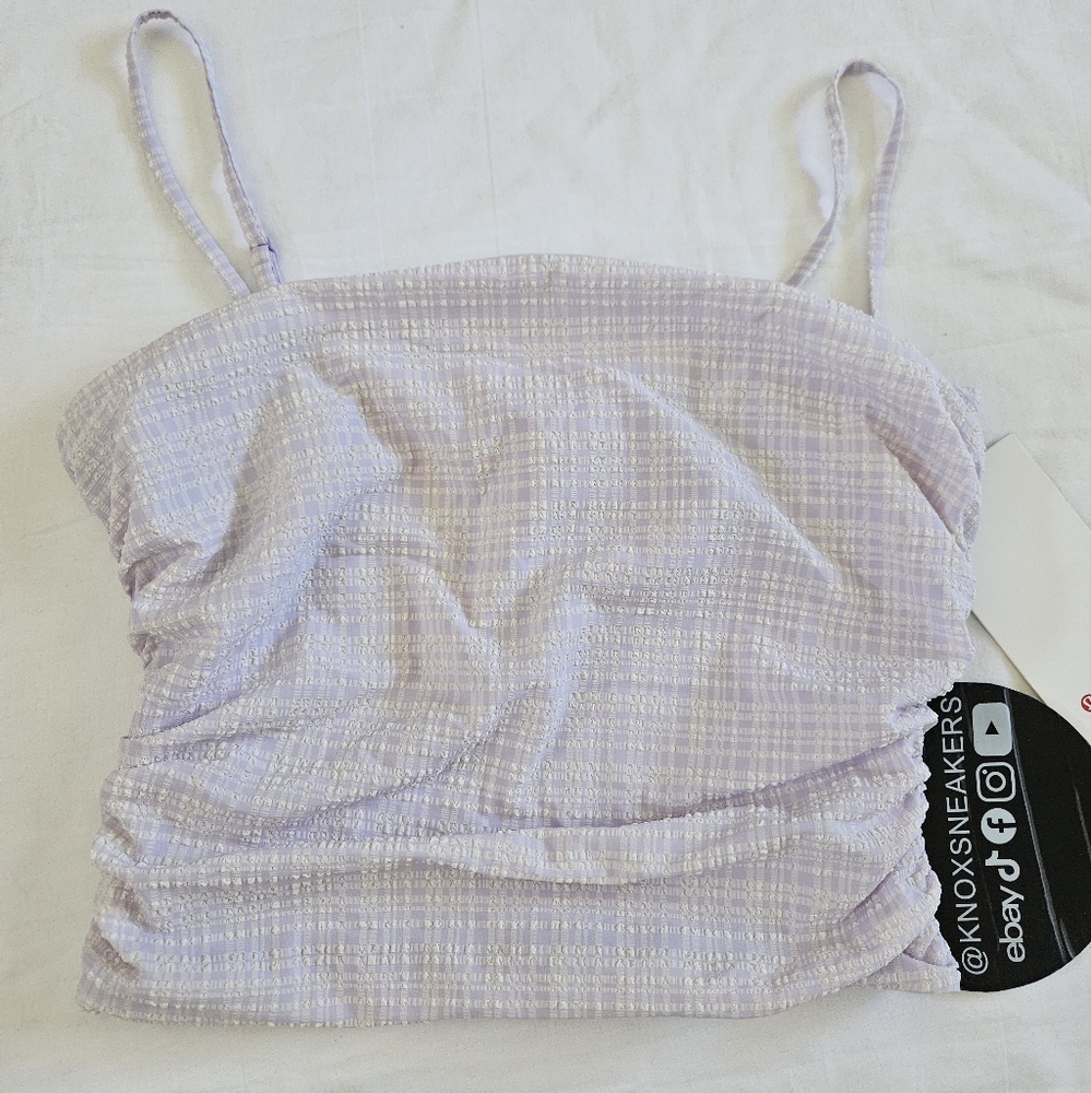 Lululemon Seersucker Check Strappy Tank Top BCCF Purple White Women's Size L